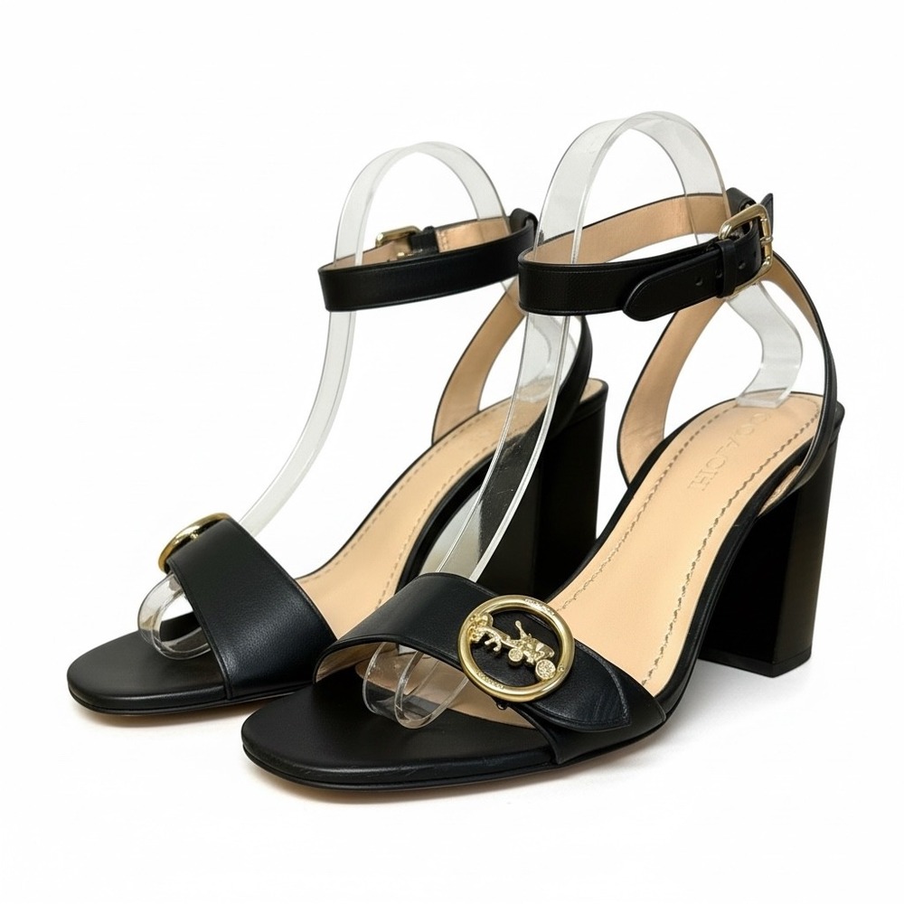 Coach Black Leather Block Heel Sandals Horse & Carriage Gold Hardware Womens 10 - Picture 4 of 16